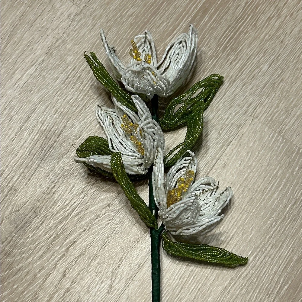 Handcrafted French White Glass Beaded Flower Stem Vintage Inspired Decorative